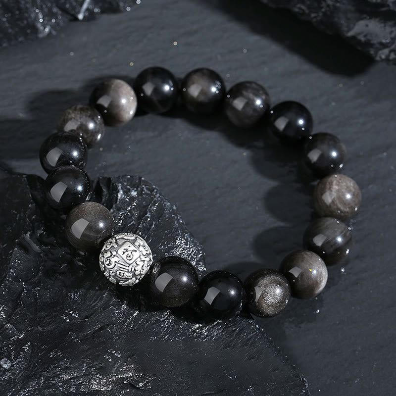 Buddha Stones Black Obsidian 999 Sterling Silver Purification Fu Character Transformation Bracelet - image 1