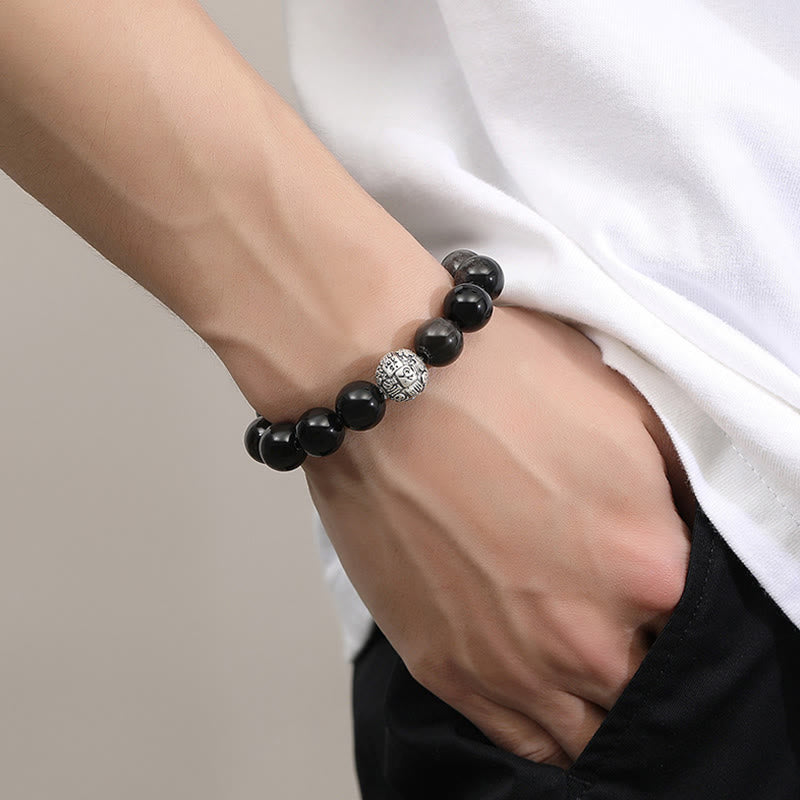 Buddha Stones Black Obsidian 999 Sterling Silver Purification Fu Character Transformation Bracelet