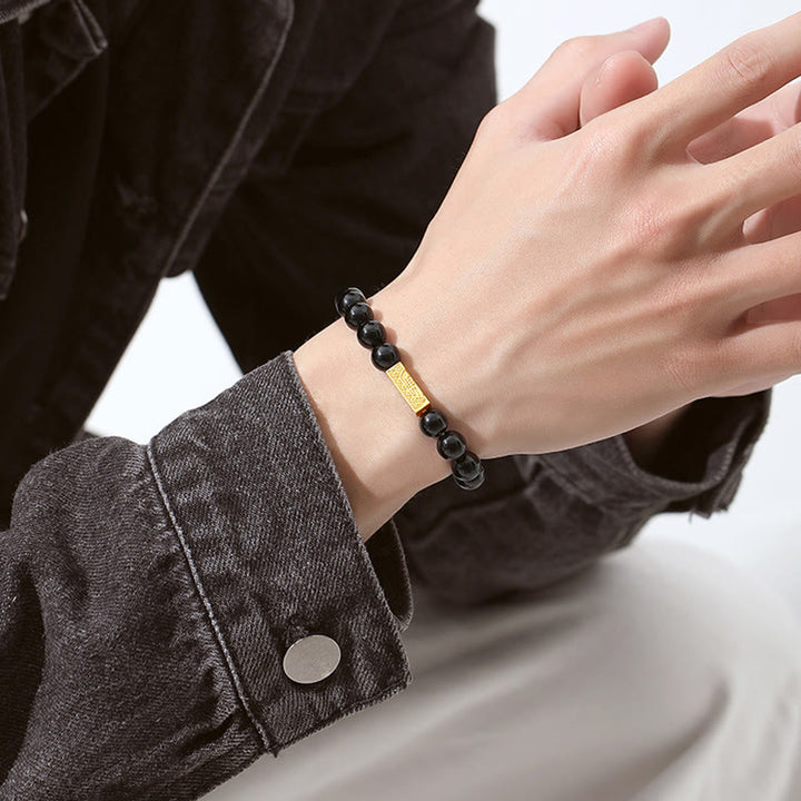 Buddha Stones Black Obsidian 925 Sterling Silver Fu Character Cube Strength Bracelet - image 9