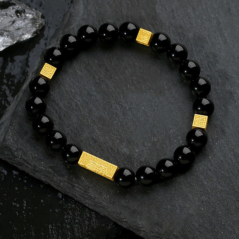 Buddha Stones Black Obsidian 925 Sterling Silver Fu Character Cube Strength Bracelet - Black Obsidian 925 Sterling Golden Silver(Wrist Circumference: 17-19cm) - image 0