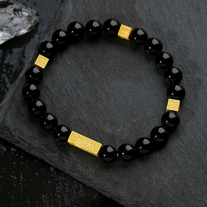Buddha Stones Black Obsidian 925 Sterling Silver Fu Character Cube Strength Bracelet - Black Obsidian 925 Sterling Golden Silver(Wrist Circumference: 17-19cm) - image 0