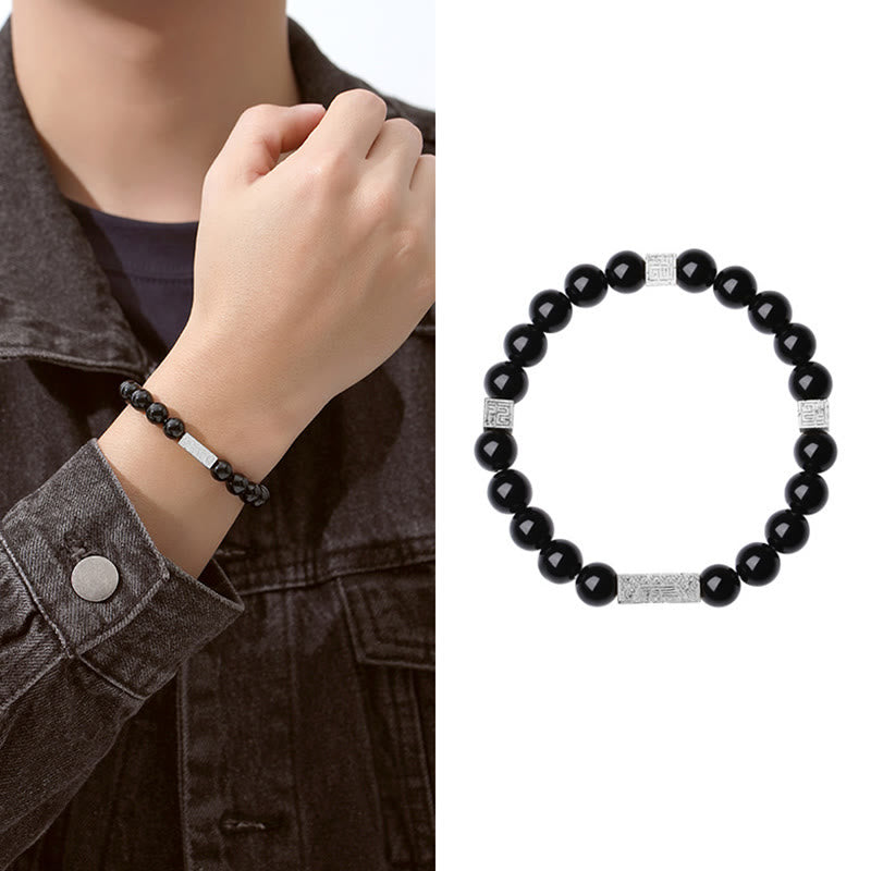 Buddha Stones Black Obsidian 925 Sterling Silver Fu Character Cube Strength Bracelet - Black Obsidian 925 Sterling Silver(Wrist Circumference: 17-19cm) - image 13