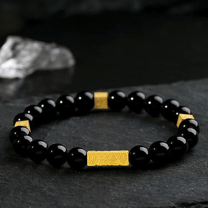 Buddha Stones Black Obsidian 925 Sterling Silver Fu Character Cube Strength Bracelet - image 1