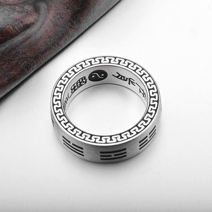 Buddha Stones Bagua Yin Yang Taoist Nine-Character Mantra Titanium Steel Harmony Ring