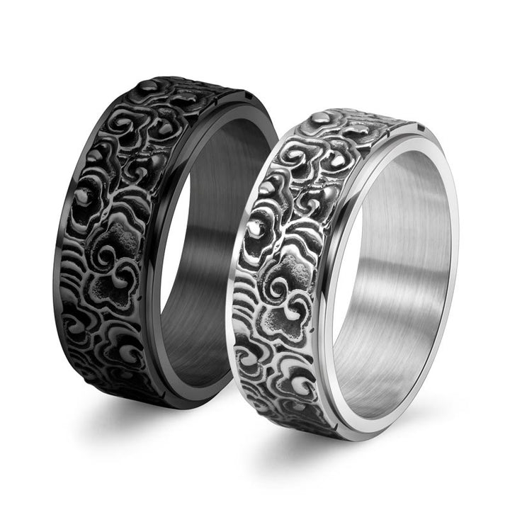 Buddha Stones Auspicious Clouds Pattern Carved Titanium Steel Balance Rotatable Ring