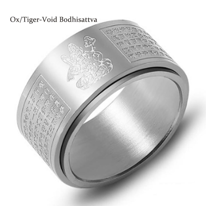 Buddha Stones Chinese Zodiac Natal Buddha Heart Sutra Carved Titanium Steel Calm Rotatable Ring