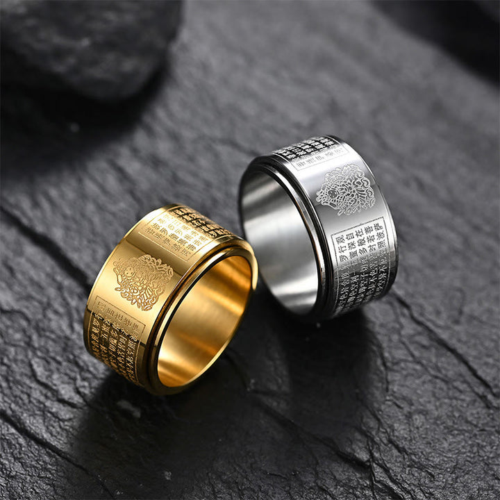 Buddha Stones Chinese Zodiac Natal Buddha Heart Sutra Carved Titanium Steel Calm Rotatable Ring