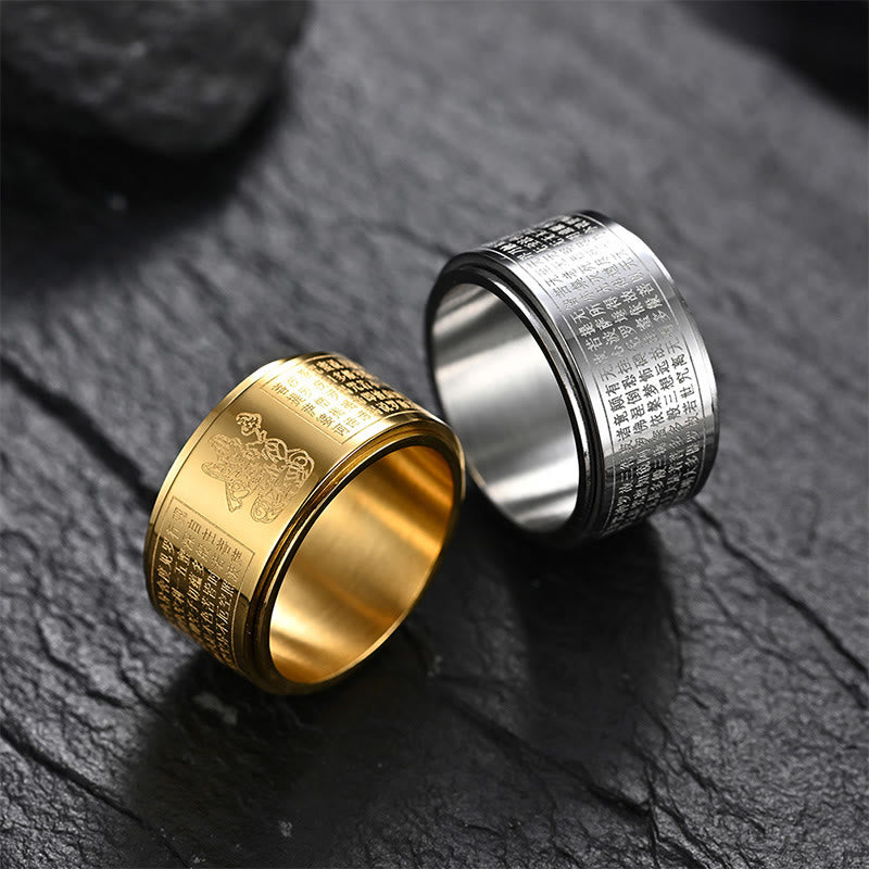 Buddha Stones Chinese Zodiac Natal Buddha Heart Sutra Carved Titanium Steel Calm Rotatable Ring