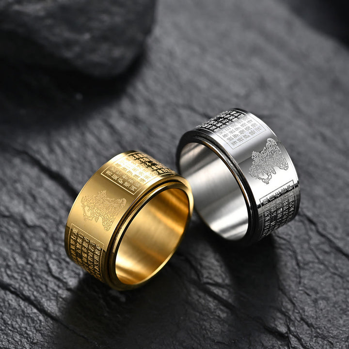 Buddha Stones Chinese Zodiac Natal Buddha Heart Sutra Carved Titanium Steel Calm Rotatable Ring