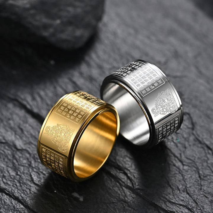 Buddha Stones Chinese Zodiac Natal Buddha Heart Sutra Carved Titanium Steel Calm Rotatable Ring