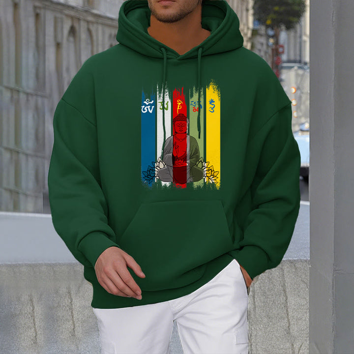 Buddha Stones Six True Words 'Om Mani Padme Hum' Buddha Sitting With Lotus Design Fleece Lined Hoodie