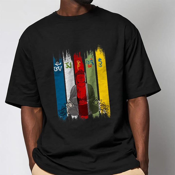 Buddha Stones Six True Words 'Om Mani Padme Hum' Buddha Sitting With Lotus Cotton Tee T-shirt - image 4