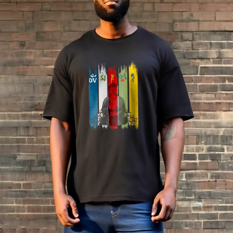 Buddha Stones Six True Words 'Om Mani Padme Hum' Buddha Sitting With Lotus Cotton Tee T-shirt - image 5
