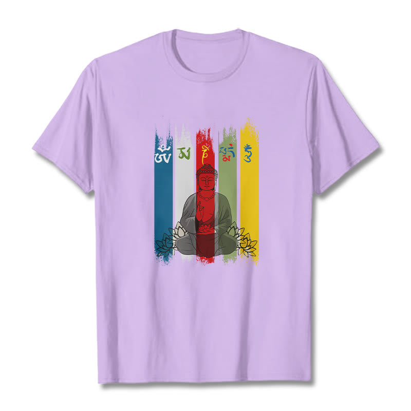 Buddha Stones Six True Words 'Om Mani Padme Hum' Buddha Sitting With Lotus Cotton Tee T-shirt