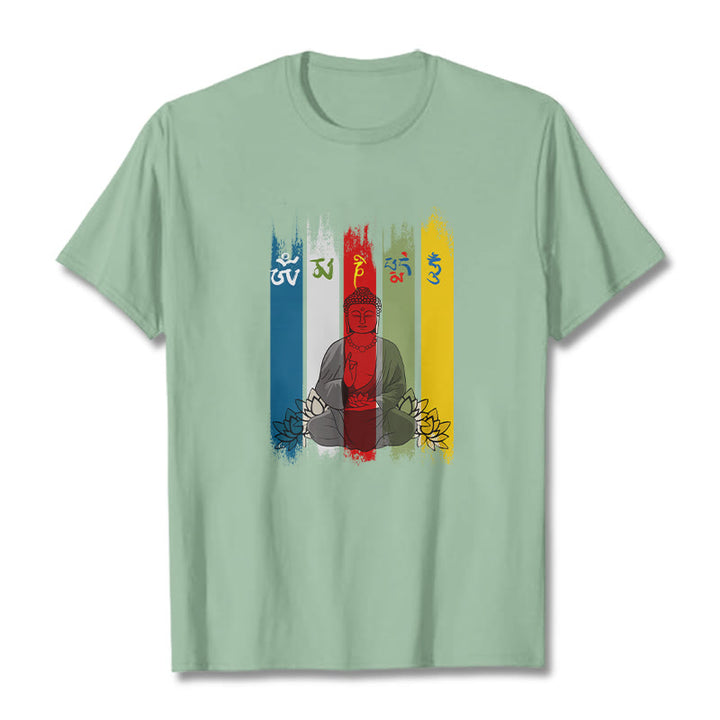Buddha Stones Six True Words 'Om Mani Padme Hum' Buddha Sitting With Lotus Cotton Tee T-shirt - PaleGreen - 2XL - image 19
