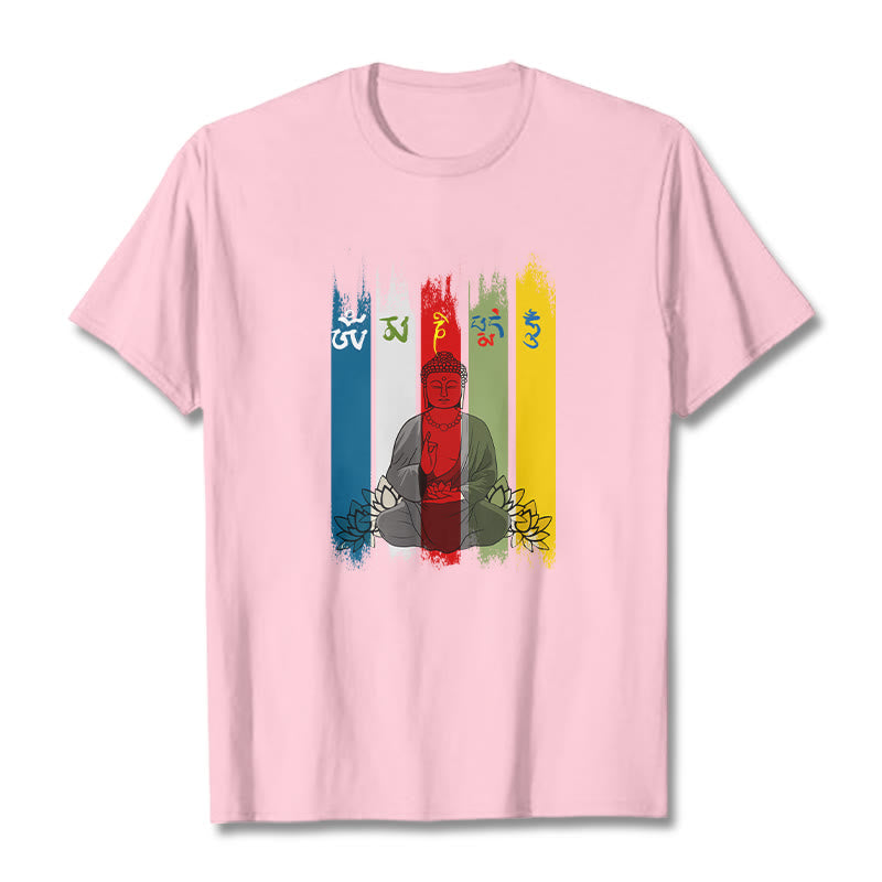 Buddha Stones Six True Words 'Om Mani Padme Hum' Buddha Sitting With Lotus Cotton Tee T-shirt - LightPink - 2XL - image 15