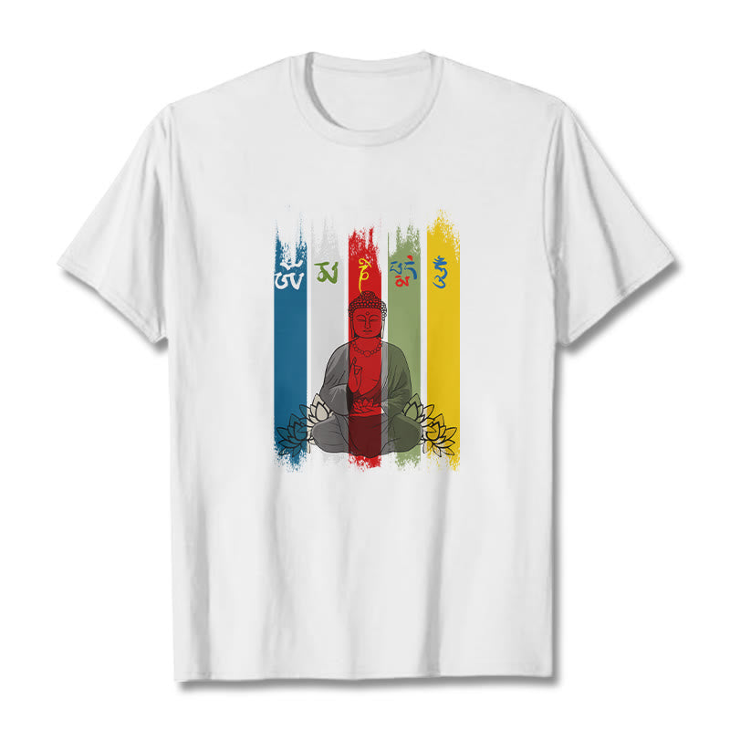 Buddha Stones Six True Words 'Om Mani Padme Hum' Buddha Sitting With Lotus Cotton Tee T-shirt - White - 2XL - image 9