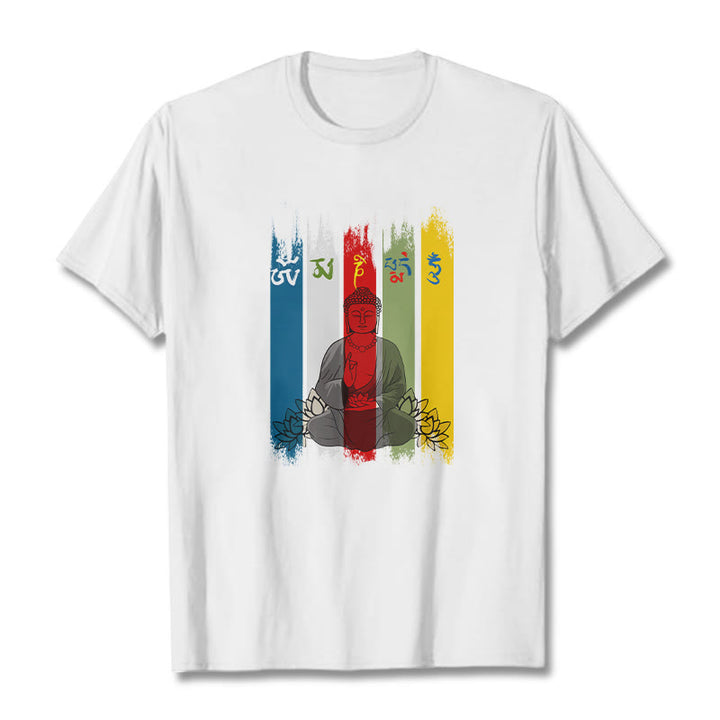 Buddha Stones Six True Words 'Om Mani Padme Hum' Buddha Sitting With Lotus Cotton Tee T-shirt - White - 2XL - image 9