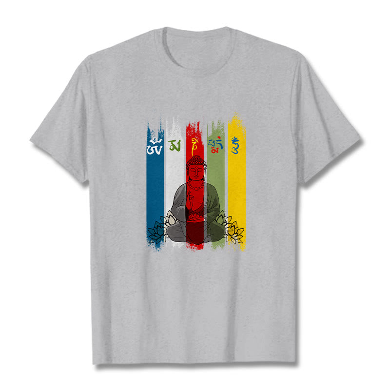 Buddha Stones Six True Words 'Om Mani Padme Hum' Buddha Sitting With Lotus Cotton Tee T-shirt - LightGrey - 2XL - image 1