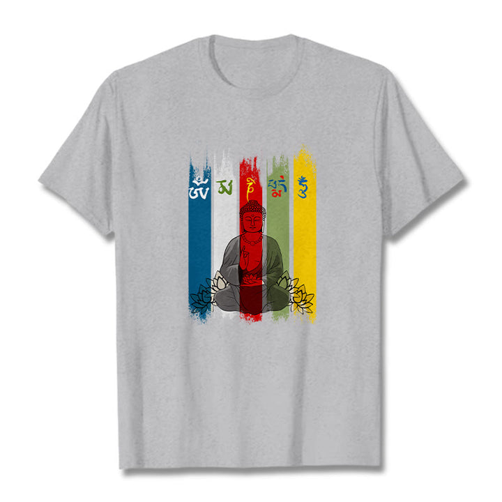 Buddha Stones Six True Words 'Om Mani Padme Hum' Buddha Sitting With Lotus Cotton Tee T-shirt - LightGrey - 2XL - image 1