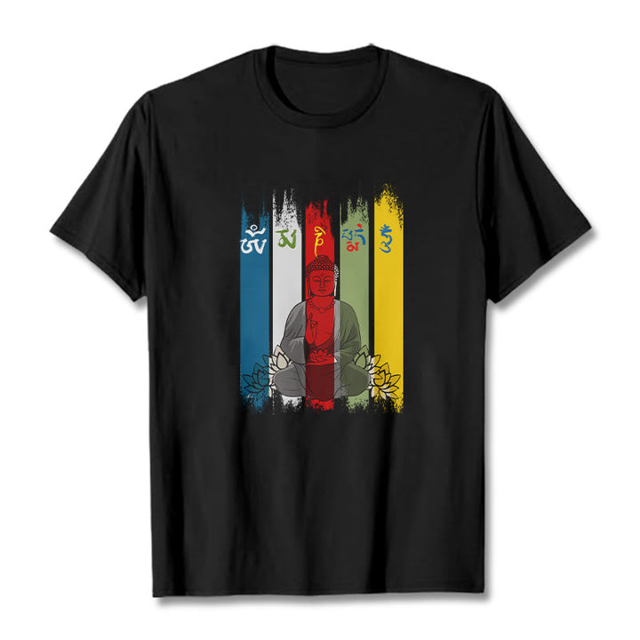 Buddha Stones Six True Words 'Om Mani Padme Hum' Buddha Sitting With Lotus Cotton Tee T-shirt - Black - 2XL - image 3