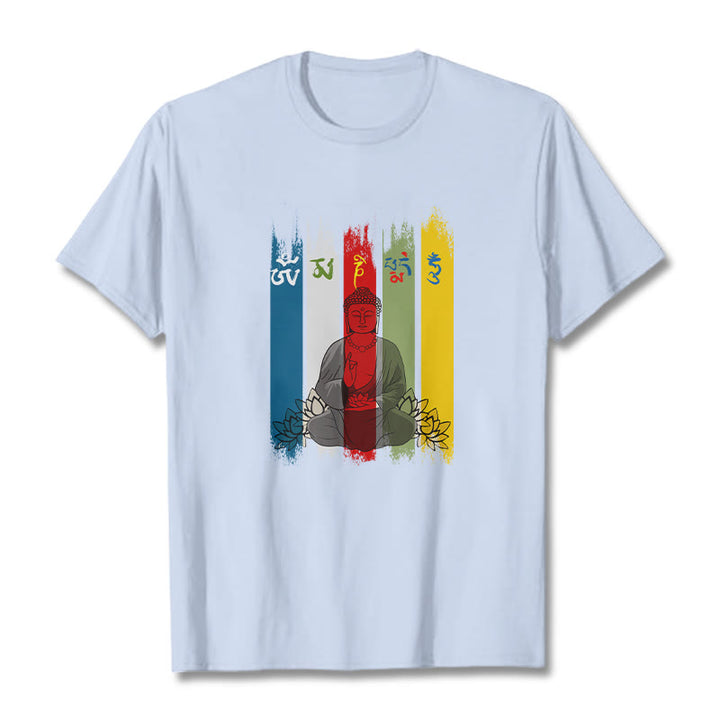 Buddha Stones Six True Words 'Om Mani Padme Hum' Buddha Sitting With Lotus Cotton Tee T-shirt - LightCyan - 2XL - image 14