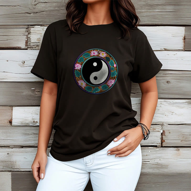 Buddha Stones Yin Yang Lotus Leaves Cotton Tee T-shirt