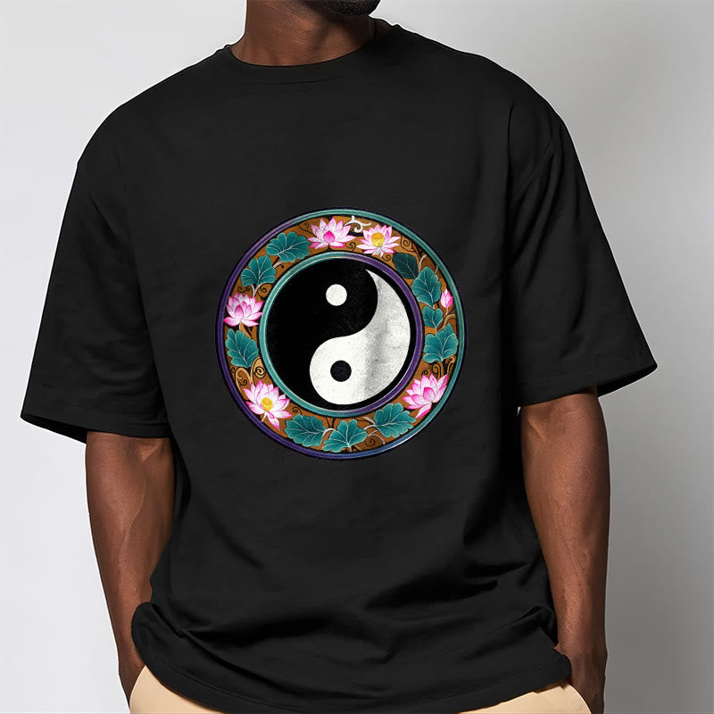 Buddha Stones Yin Yang Lotus Leaves Cotton Tee T-shirt