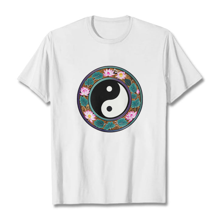 Buddha Stones Yin Yang Lotus Leaves Cotton Tee T-shirt - White - 2XL - image 10