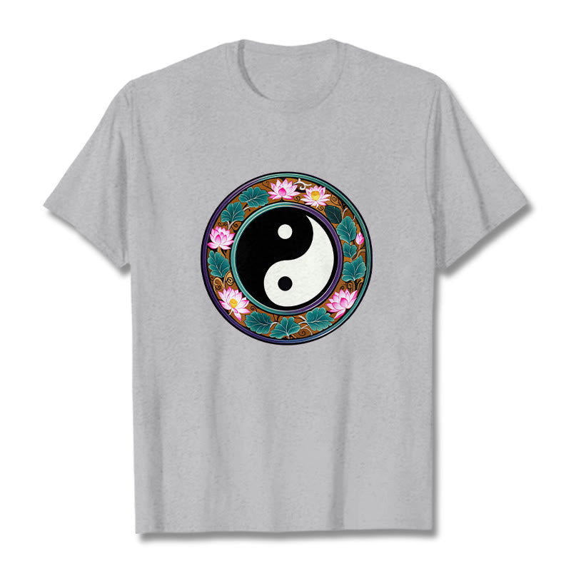Buddha Stones Yin Yang Lotus Leaves Cotton Tee T-shirt - LightGrey - 2XL - image 13