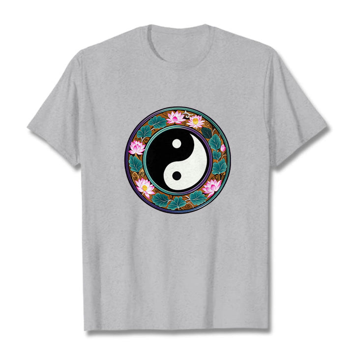 Buddha Stones Yin Yang Lotus Leaves Cotton Tee T-shirt - LightGrey - 2XL - image 13
