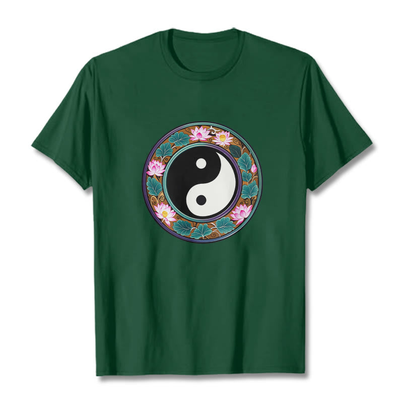 Buddha Stones Yin Yang Lotus Leaves Cotton Tee T-shirt - ForestGreen - 2XL - image 8