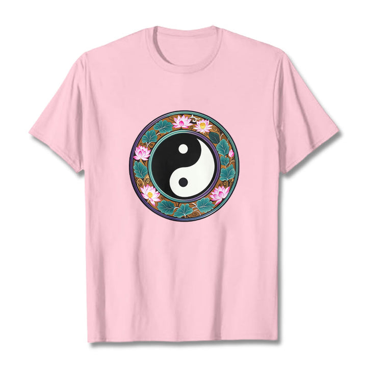 Buddha Stones Yin Yang Lotus Leaves Cotton Tee T-shirt - LightPink - 2XL - image 17