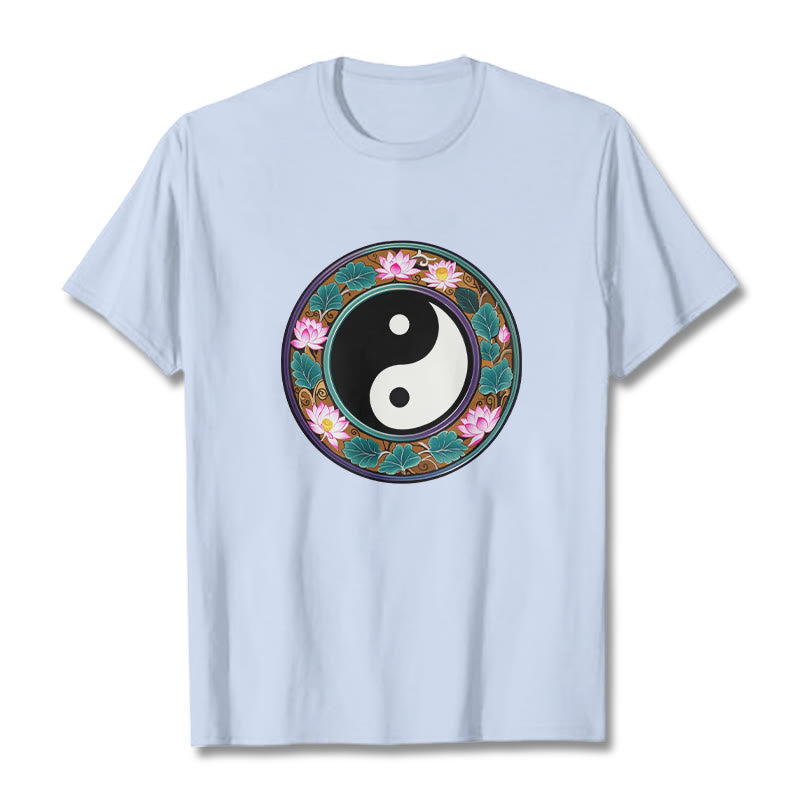 Buddha Stones Yin Yang Lotus Leaves Cotton Tee T-shirt - LightCyan - 2XL - image 14