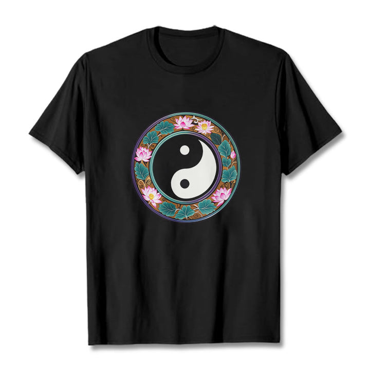 Buddha Stones Yin Yang Lotus Leaves Cotton Tee T-shirt - Black - 2XL - image 4