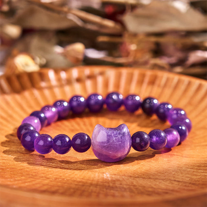 Buddha Stones Amethyst Green Aventurine Rose Quartz Fluorite Cat Head Balance Luck Bracelet