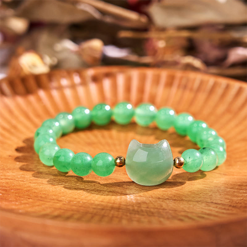 Buddha Stones Amethyst Green Aventurine Rose Quartz Fluorite Cat Head Balance Luck Bracelet - Green Aventurine(Wrist Circumference: 16-17cm) - image 7