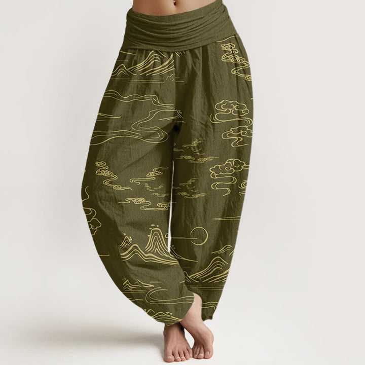 Buddha Stones Mountain Moon Auspicious Clouds Pattern Women's Elastic Waist Harem Pants - DarkKhaki - US22，UK/AU26，EU54 (6XL) - image 5