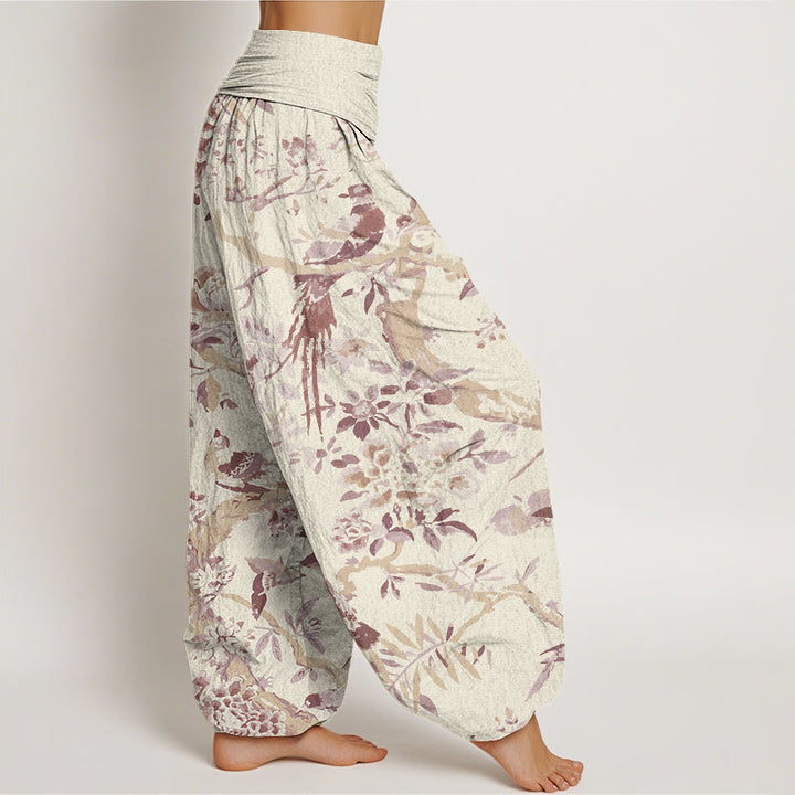 Buddha Stones Birds Branches Flowers Pattern Women's Elastic Waist Harem Pants