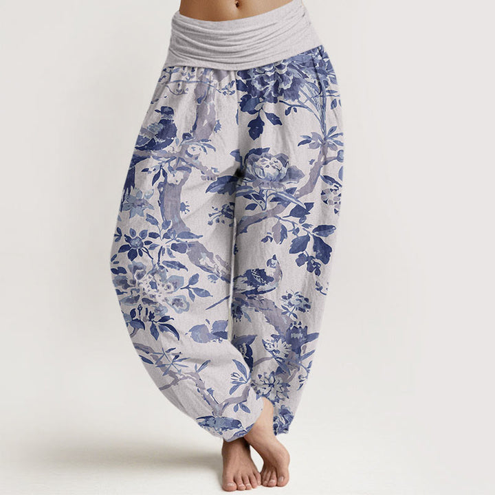 Buddha Stones Birds Branches Flowers Pattern Women's Elastic Waist Harem Pants