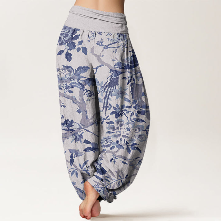 Buddha Stones Birds Branches Flowers Pattern Women's Elastic Waist Harem Pants