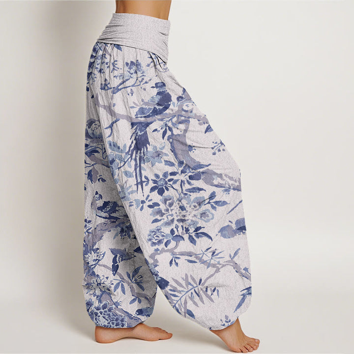 Buddha Stones Birds Branches Flowers Pattern Women's Elastic Waist Harem Pants