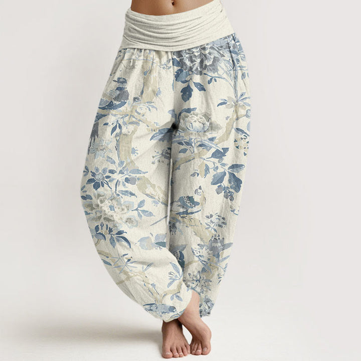 Buddha Stones Birds Branches Flowers Pattern Women's Elastic Waist Harem Pants - Beige - US22，UK/AU26，EU54 (6XL) - image 1