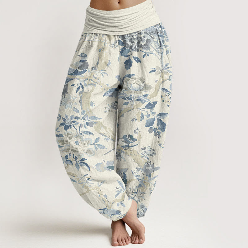 Buddha Stones Cotton Birds Branches Flowers Pattern Women's Elastic Waist Harem Pants - Beige - US22，UK/AU26，EU54 (6XL) - image 0