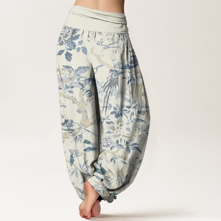 Buddha Stones Birds Branches Flowers Pattern Women's Elastic Waist Harem Pants