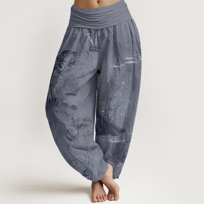 Buddha Stones Cotton Casual Bamboo Rock Ink Painting Women's Elastic Waist Harem Pants - SlateGray - US22，UK/AU26，EU54 (6XL) - image 0