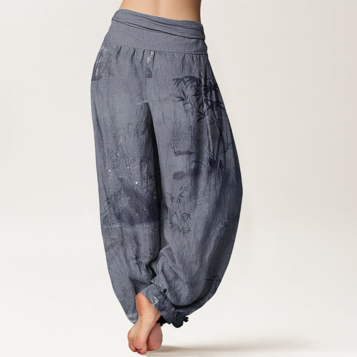 Buddha Stones Casual Bamboo Rock Ink Painting Women's Elastic Waist Harem Pants