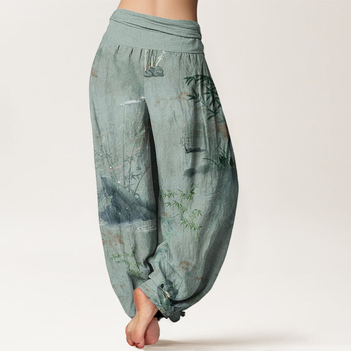 Buddha Stones Casual Bamboo Rock Ink Painting Women's Elastic Waist Harem Pants