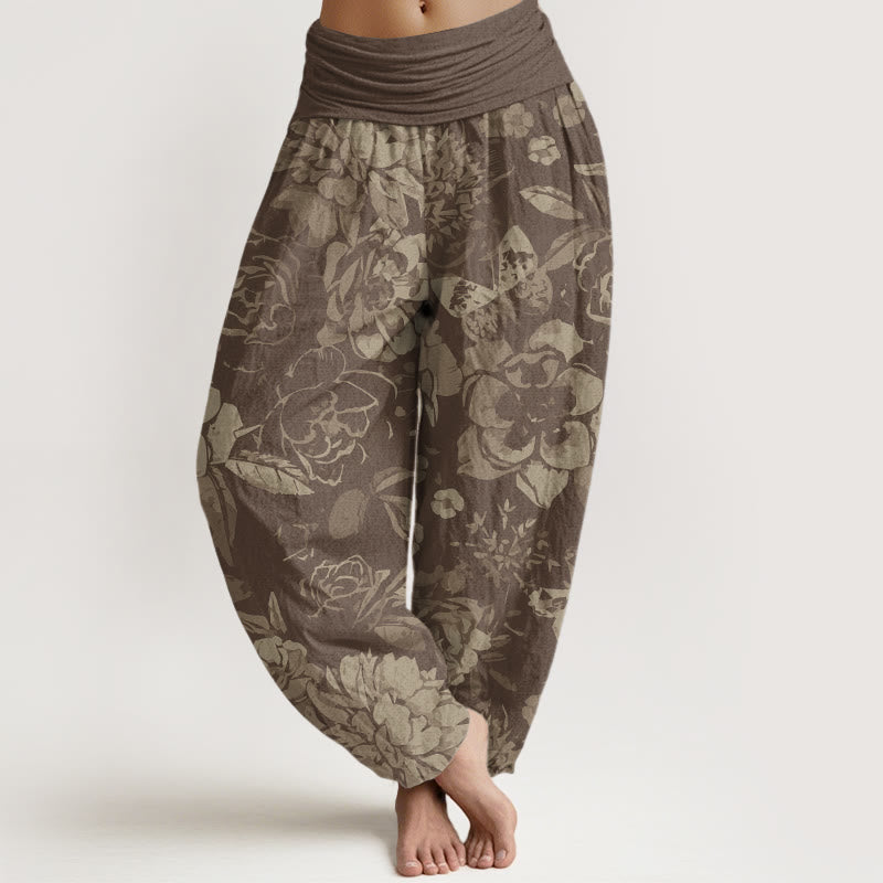 Buddha Stones Casual Peony Flowers Leaves Women's Elastic Waist Harem Pants - Tan - US22，UK/AU26，EU54 (6XL) - image 5