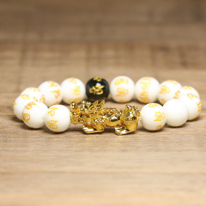 Buddha Stones White Porcelain Black Obsidian Alloy Pixiu Six True Words 'om Mani Padme Hum' Patience Bracelet